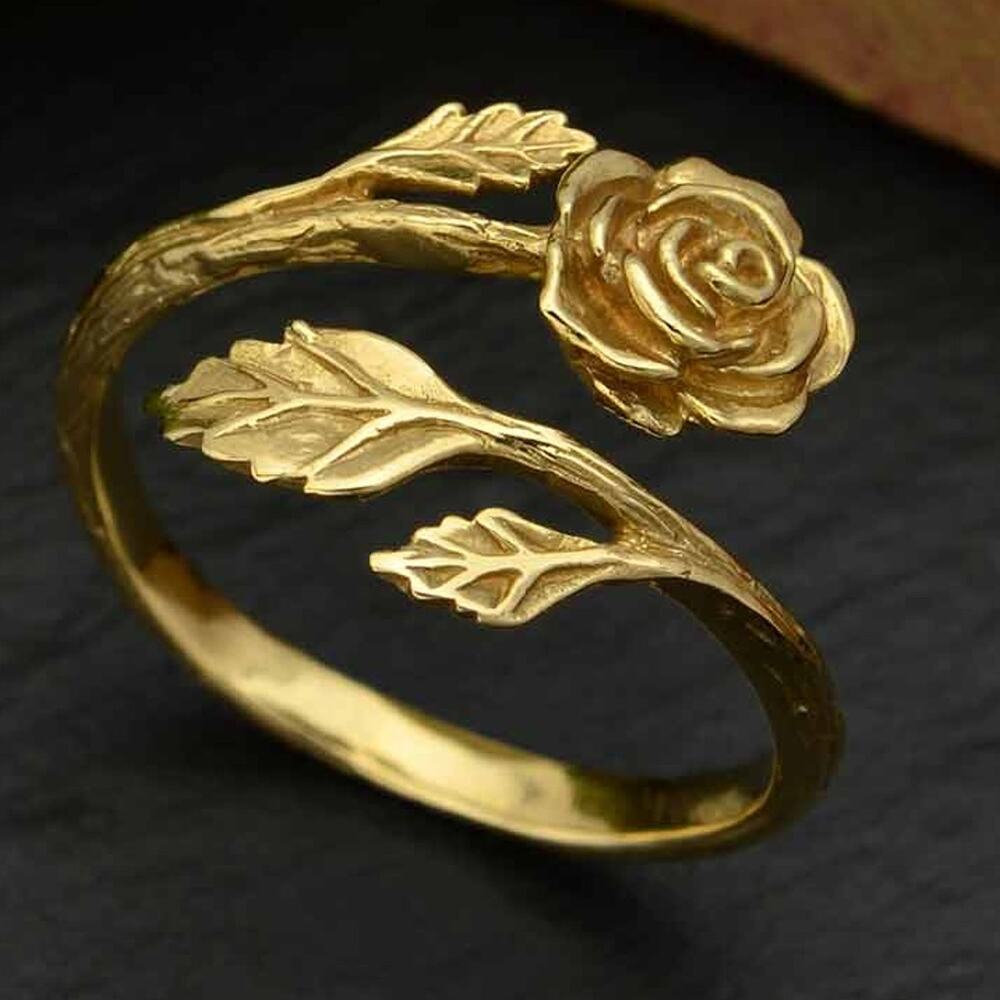 Rose Adjustable Ring | Textured Blossom & Leaves | Bronze | Artisan